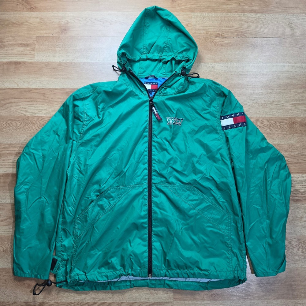 Vintage Tommy Hilfiger Jeans Windbreaker Jacket Mens Large Green Big Logo Hooded